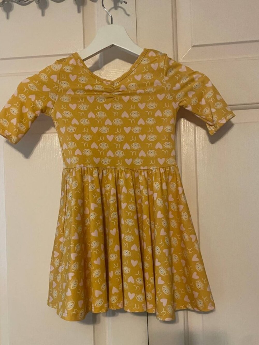 Dot Dot smile girls Mustard Yellow Eye love U  Print Swing Dress 3/4 | twirl